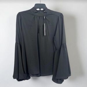 T Tahari Blouse Womens Size S Black Mock Neck Keyhole Large Bell Sleeve Chic